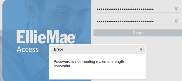 EllieMae Access dumb password rule screenshot